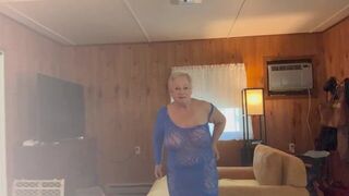 GILF TRIES ON SUPER TRANSPARENT BLUE DRESS - porn video